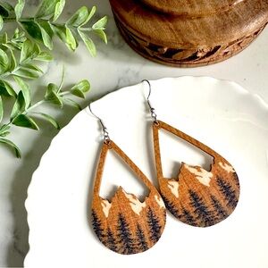 Trees & Mountains Wood Cutout Earrings Large Dangle Bohemian Nature Jewelry NEW
